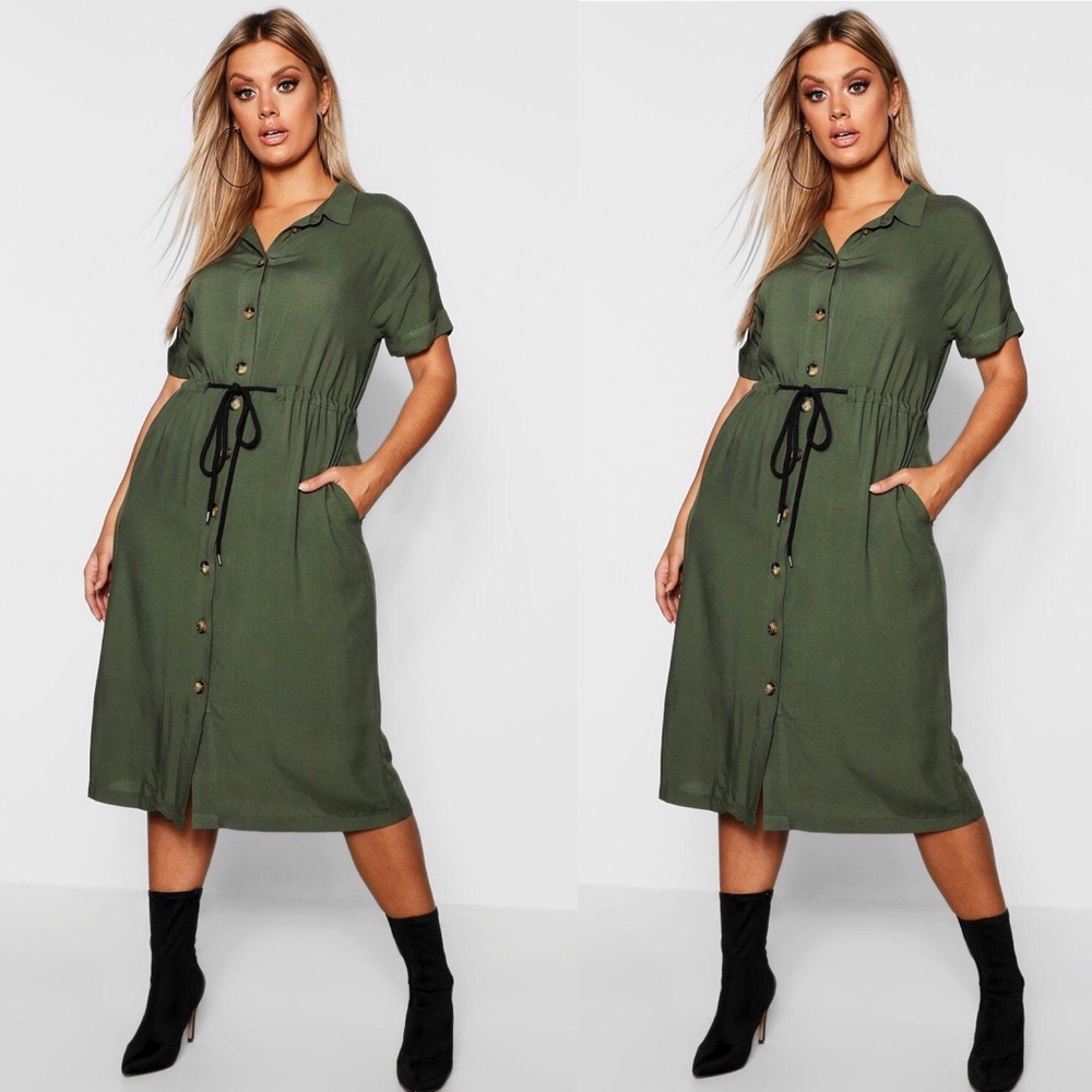 Boohoo Plus midi shirt dress with drawstring waist 🫒